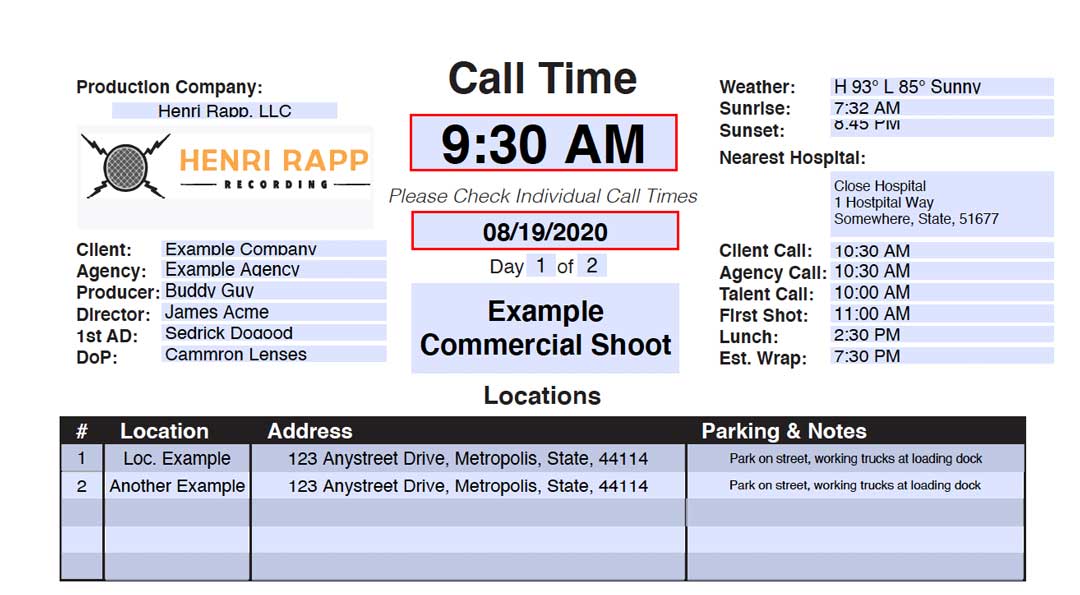 Download Free Call Sheet Template Henri Rapp